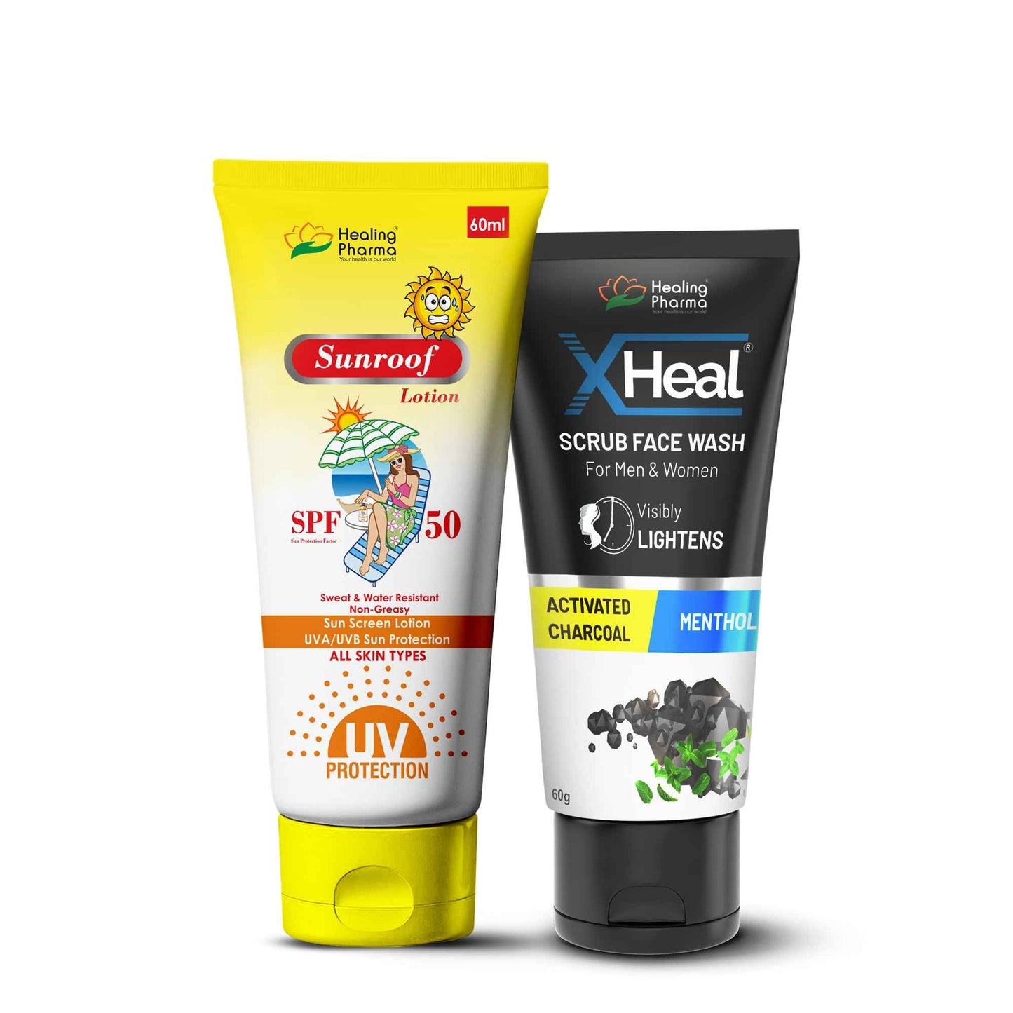 Xheal Activated Charcoal Scrub Facewash and Sunroof SunScreen SPF 50+ Lotion