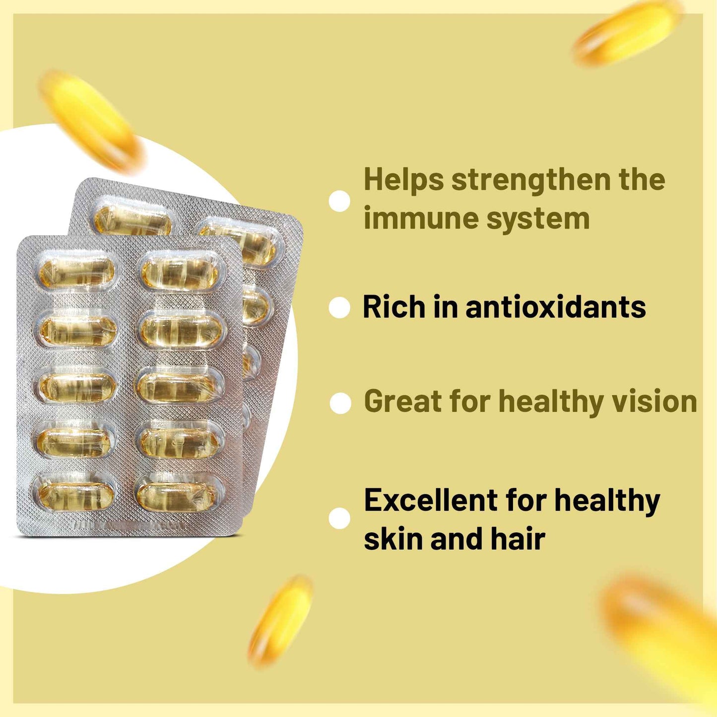 Evizone Capsules -Vitamin E Capsules for Face and Hair  (10 Caps x 3 Strips) - Healing Pharma
