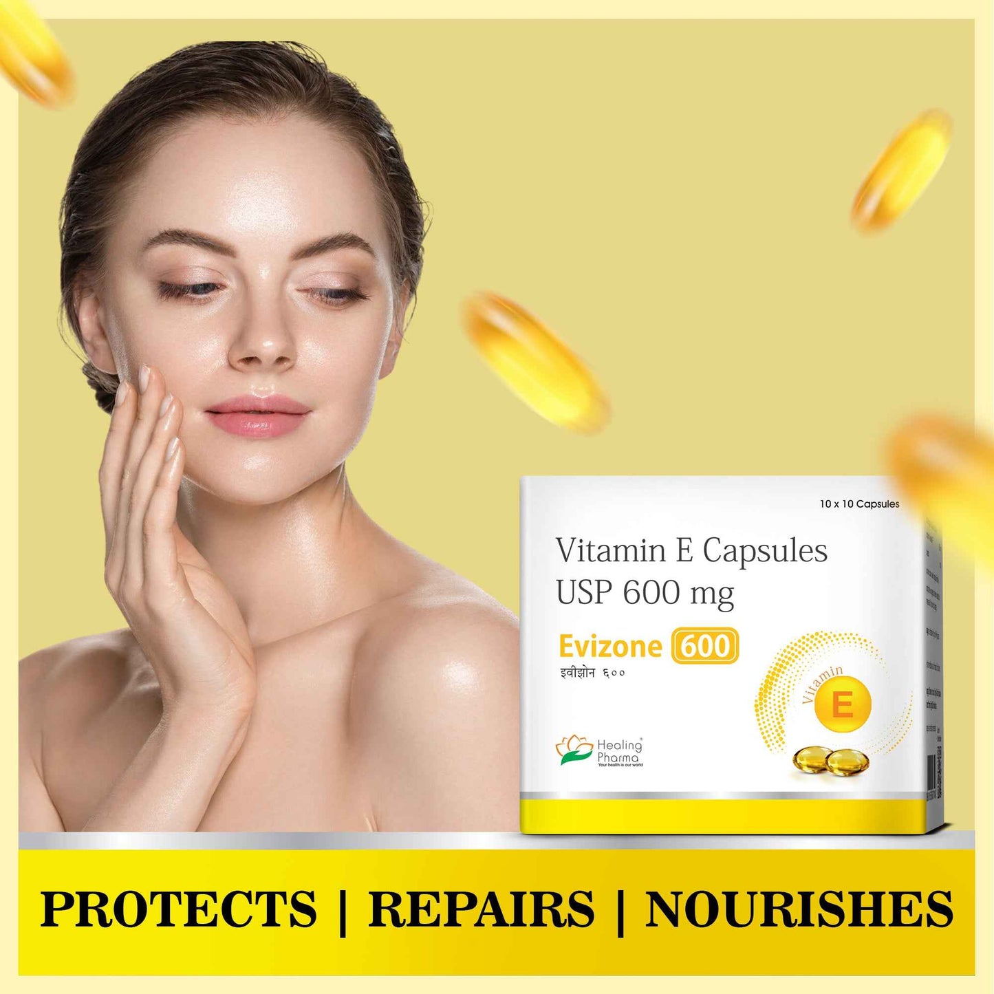 Evizone Capsules -Vitamin E Capsules for Face and Hair  (10 Caps x 3 Strips) - Healing Pharma