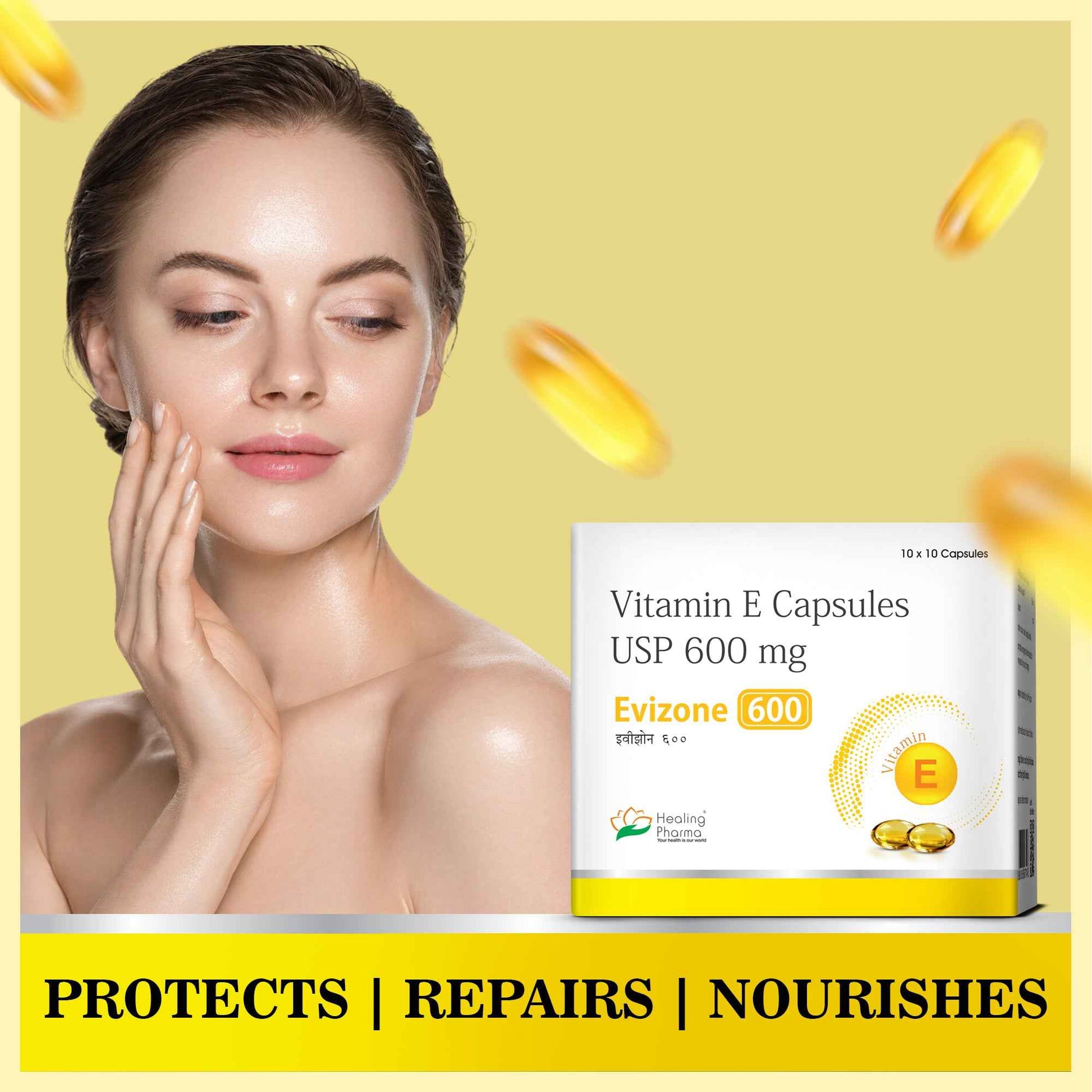 Evizone Capsules -Vitamin E Capsules for Face and Hair  (10 Caps x 3 Strips) - Healing Pharma