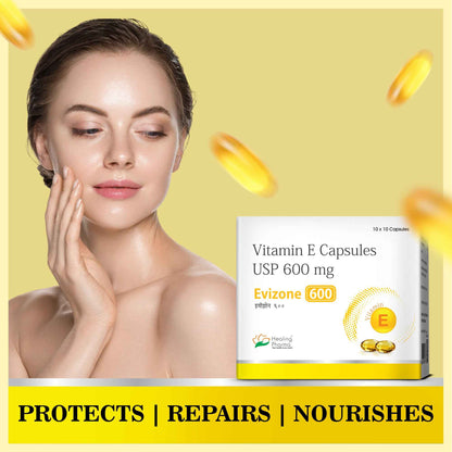 Evizone Capsules -Vitamin E Capsules for Face and Hair  (10 Caps x 3 Strips) - Healing Pharma