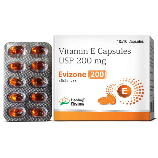 Evizone Capsules -Vitamin E Capsules for Face and Hair  (10 Caps x 3 Strips) - Healing Pharma