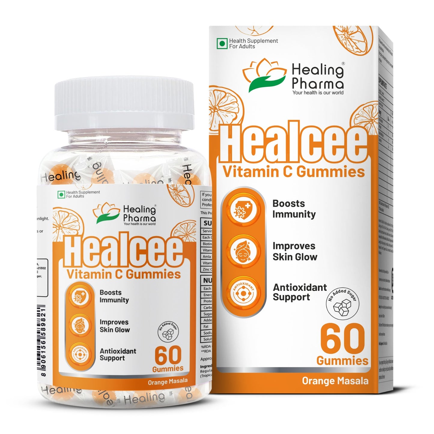 Healcee vitamin C and zinc gummies for adults, 60 orange masala gummies bottle and pack