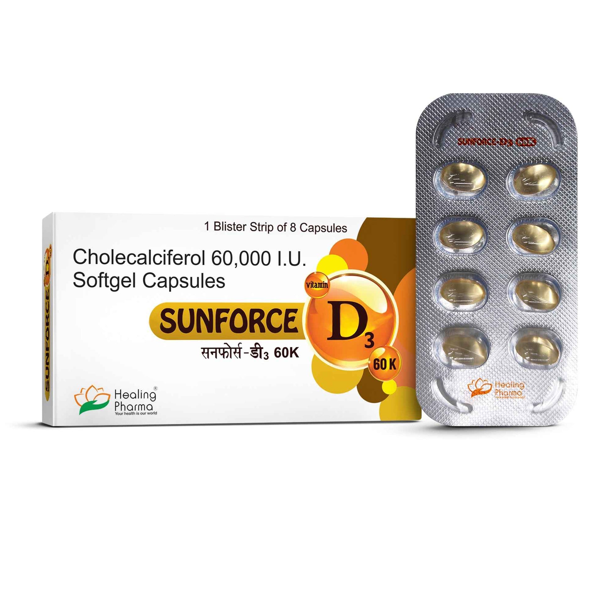 Sunforce D3 60K- Cholecalciferol 60000 IU Capsules(1 Strip 8 Capsules) - Healing Pharma