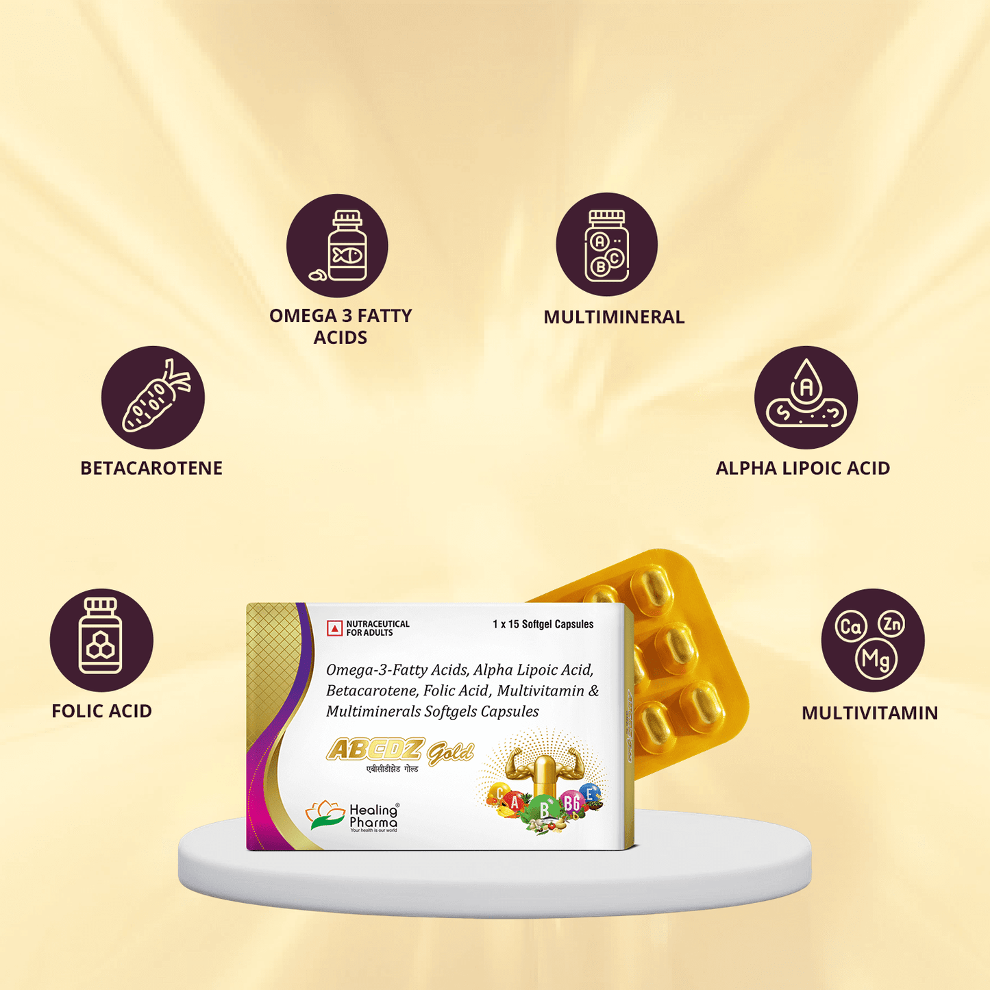 ABCDZ Gold – Multivitamin & Omega - 3 Softgels for Adults (15 Softgel Capsules x 1 Strip)