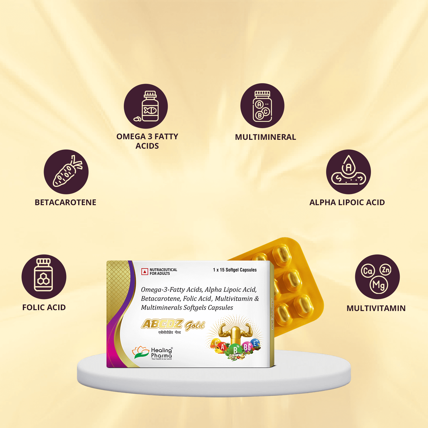 ABCDZ Gold – Multivitamin & Omega - 3 Softgels for Adults (15 Softgel Capsules x 1 Strip)